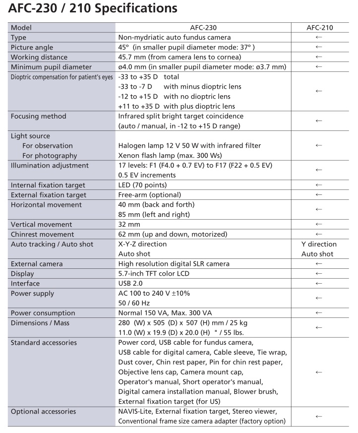 Nidek AFC 230 Specs