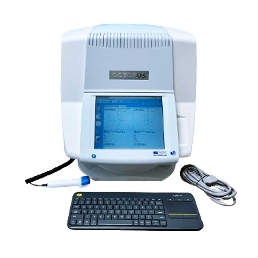 Haag Streit Octopus 600 - Perimeter Visual Field Analyzer - Used 1 Haag-Streit Octopus 600 visual field equipment refurbished — front view with keyboard patient response button
