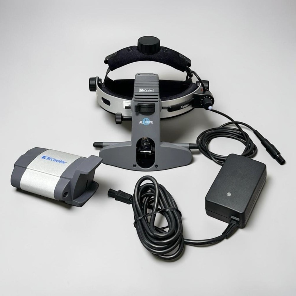 Keeler Allpupil II Wired Binocular Indirect Ophthalmoscope BIO - Used 1 Keeler Allpupil II Wired BIO used — headset front view showing all-pupil optical system