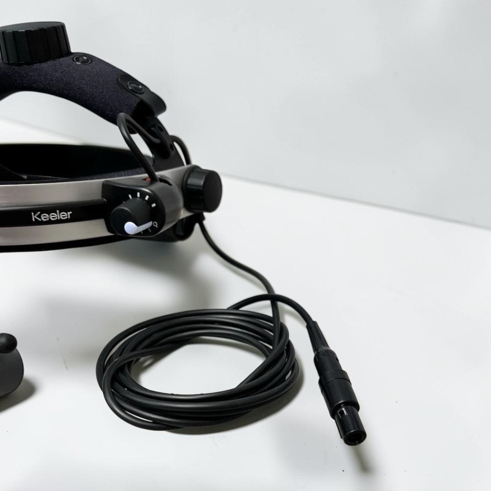 Keeler Allpupil II Wired Binocular Indirect Ophthalmoscope BIO - Used 4 Keeler Allpupil II Wired BIO used — rear view of headset and wired power connection