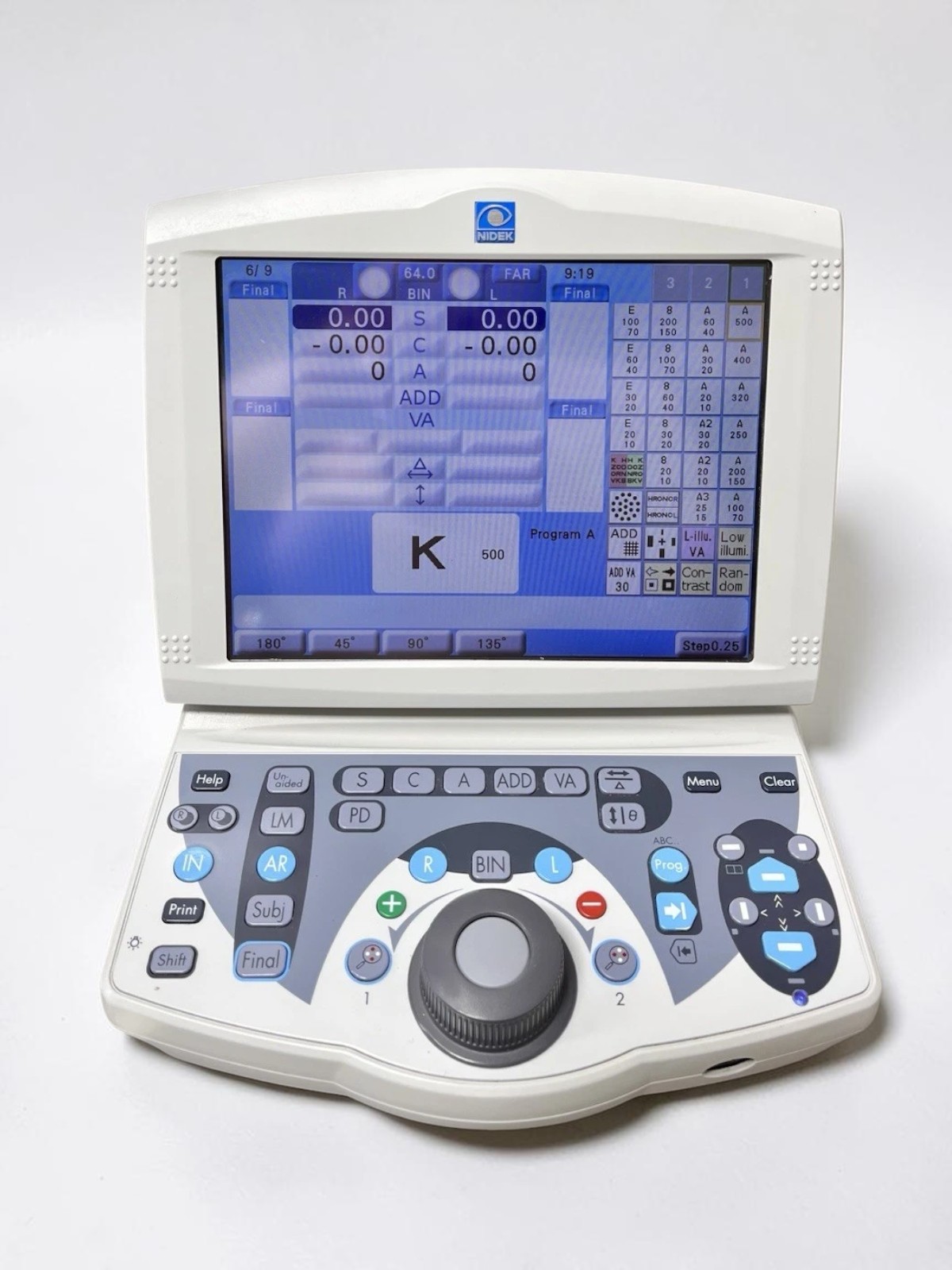 Nidek RT-5100 Auto Phoropter Refractor w/ Nidek SC-1600 Acuity Chart - Used 3 Nidek RT-5100 used — control console with color touchscreen and dial