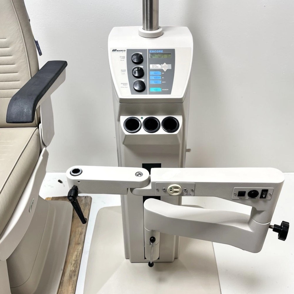 Marco 1220 Encore Automatic Chair w/ 1290 Encore Ophthalmic Stand - Used 2 Marco 1290 Encore stand used — instrument arms and console beside the Encore chair