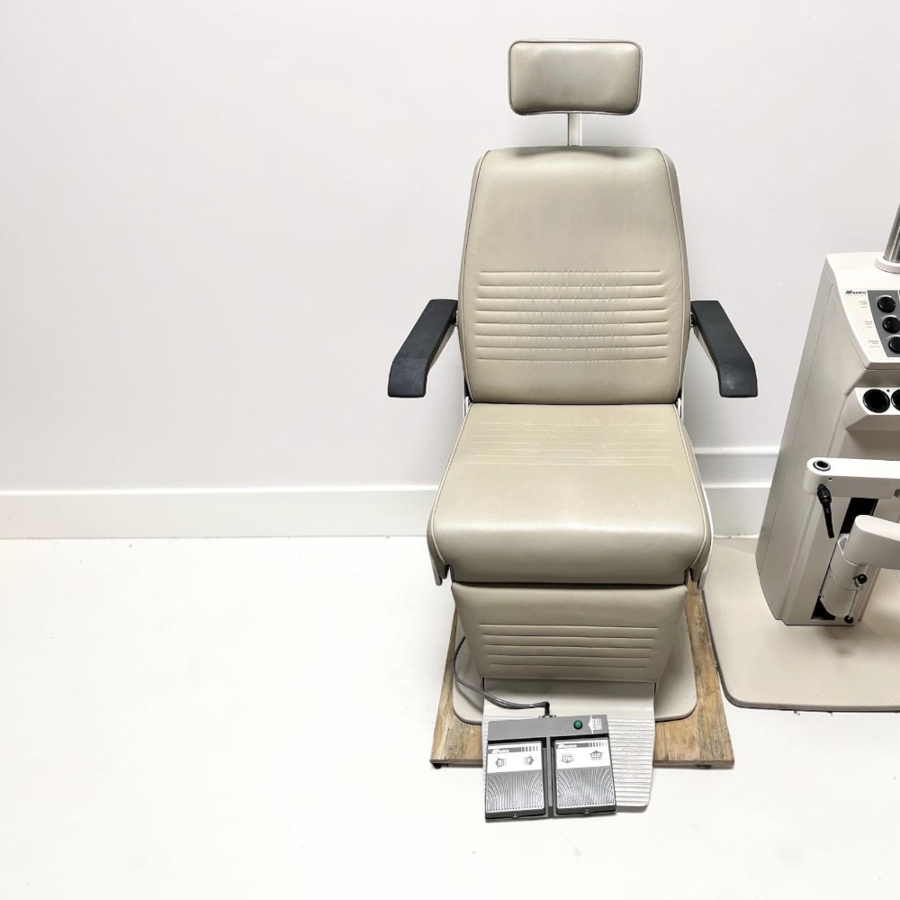 Marco 1220 Encore Automatic Chair w/ 1290 Encore Ophthalmic Stand - Used 5 Marco 1220 Encore automatic exam chair used — front view with foot pedal