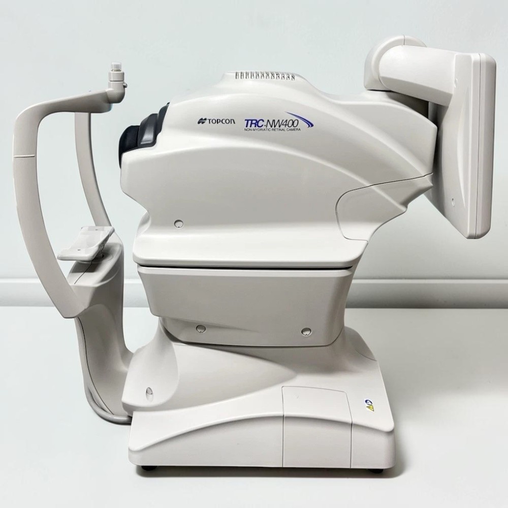 Topcon TRC-NW400 Non-Mydriatic Retinal Camera - Used 5 Topcon TRC-NW400 used non-mydriatic retinal camera — side view with touch panel