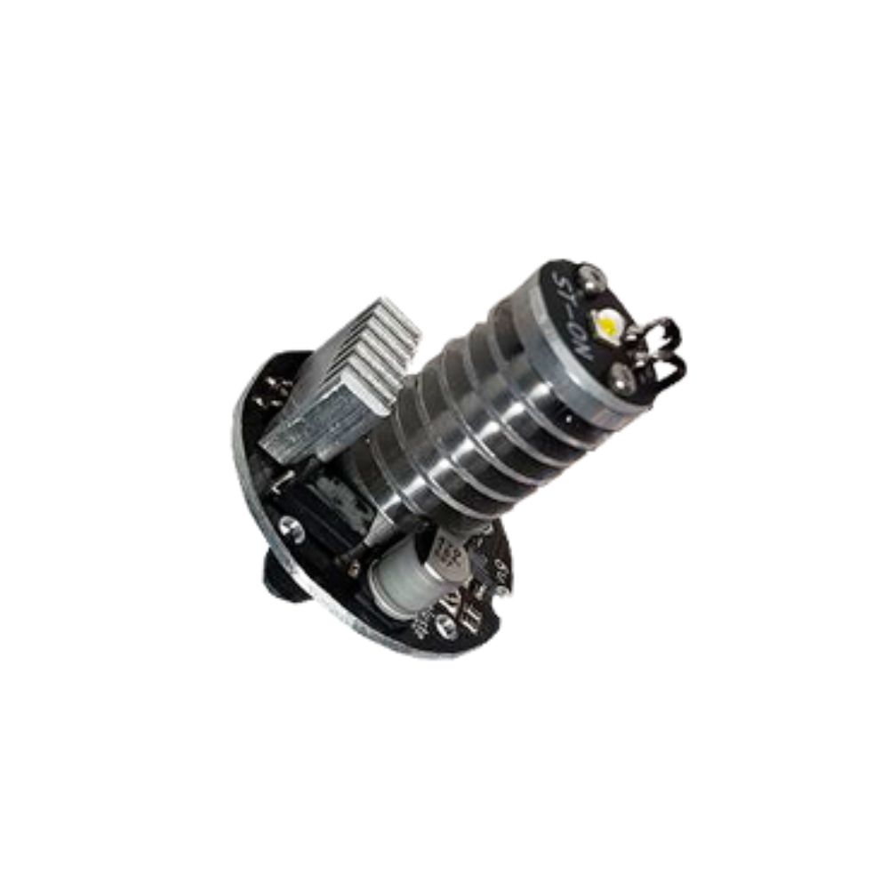 LED Conversion Kit for Slit Lamps Classic - OptiLight 2 OptiLight slit lamp LED conversion kit — angled view showing LED emitter, heatsink and flange base