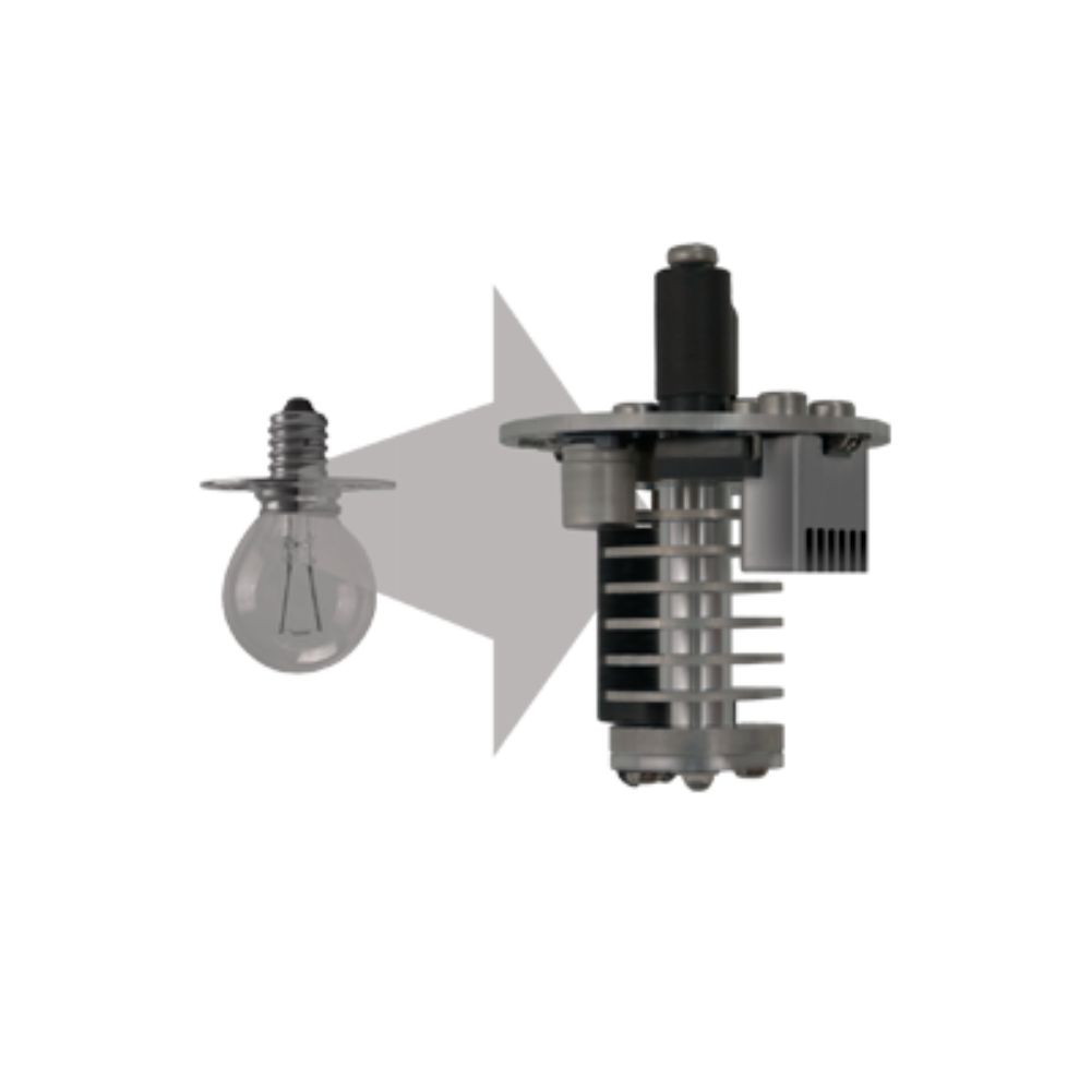 LED Conversion Kit for Slit Lamps Classic - OptiLight 5 Slit lamp LED conversion kit OptiLight — replaces original P44S halogen bulb, before and after